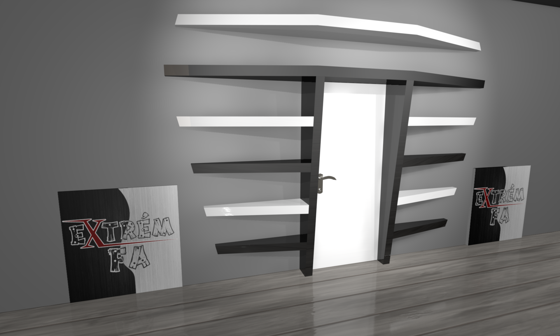 3D - ExtrémFa formájú könyvespolc rendszer látványterv ajtó köré Black & White