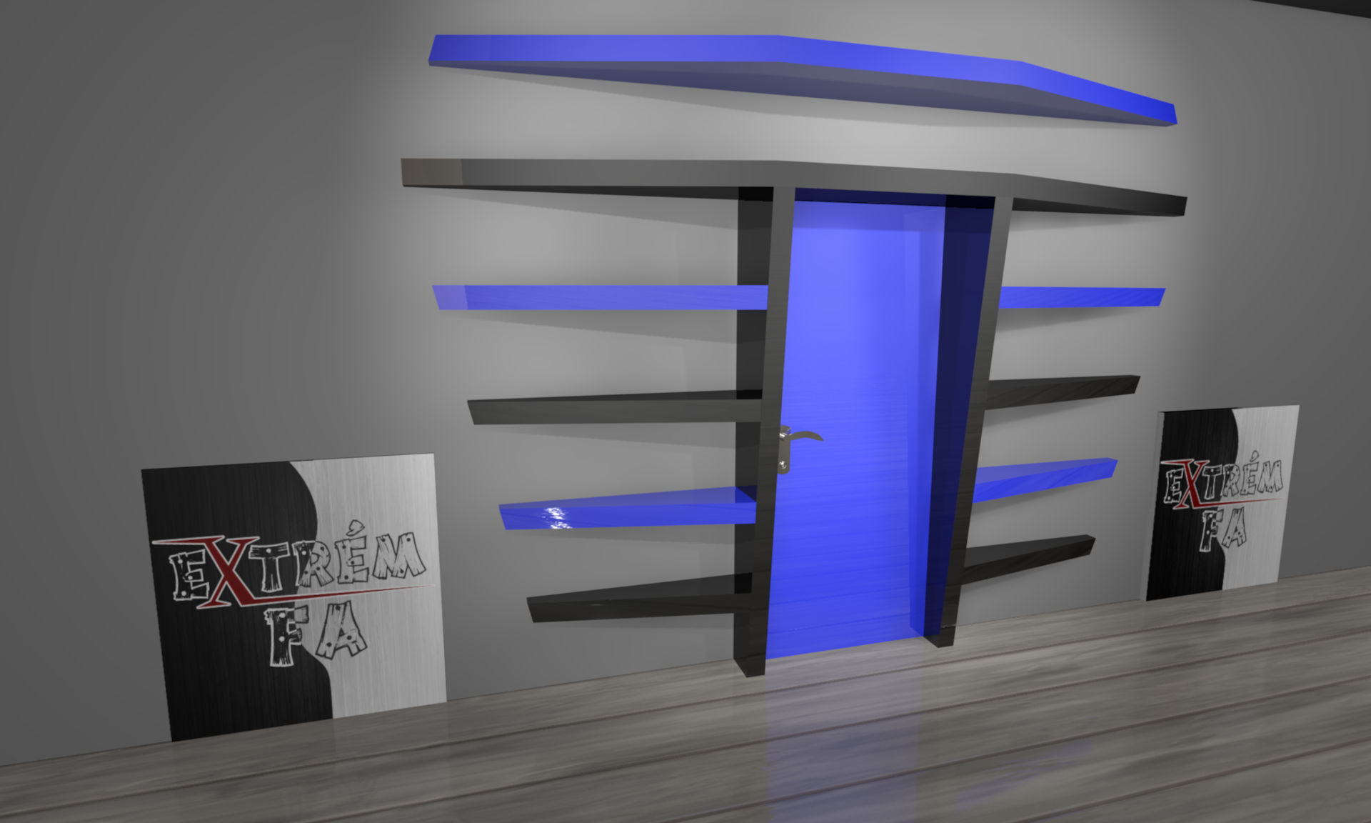 3D - ExtrémFa formájú könyvespolc rendszer látványterv ajtó köré Kék - Fekete színű kivitel